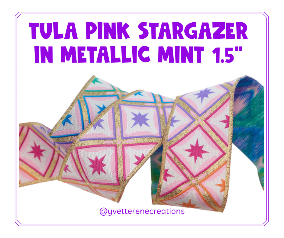 Tula Pink Ribbon | Stargazer in Metallic Mint 1.5
