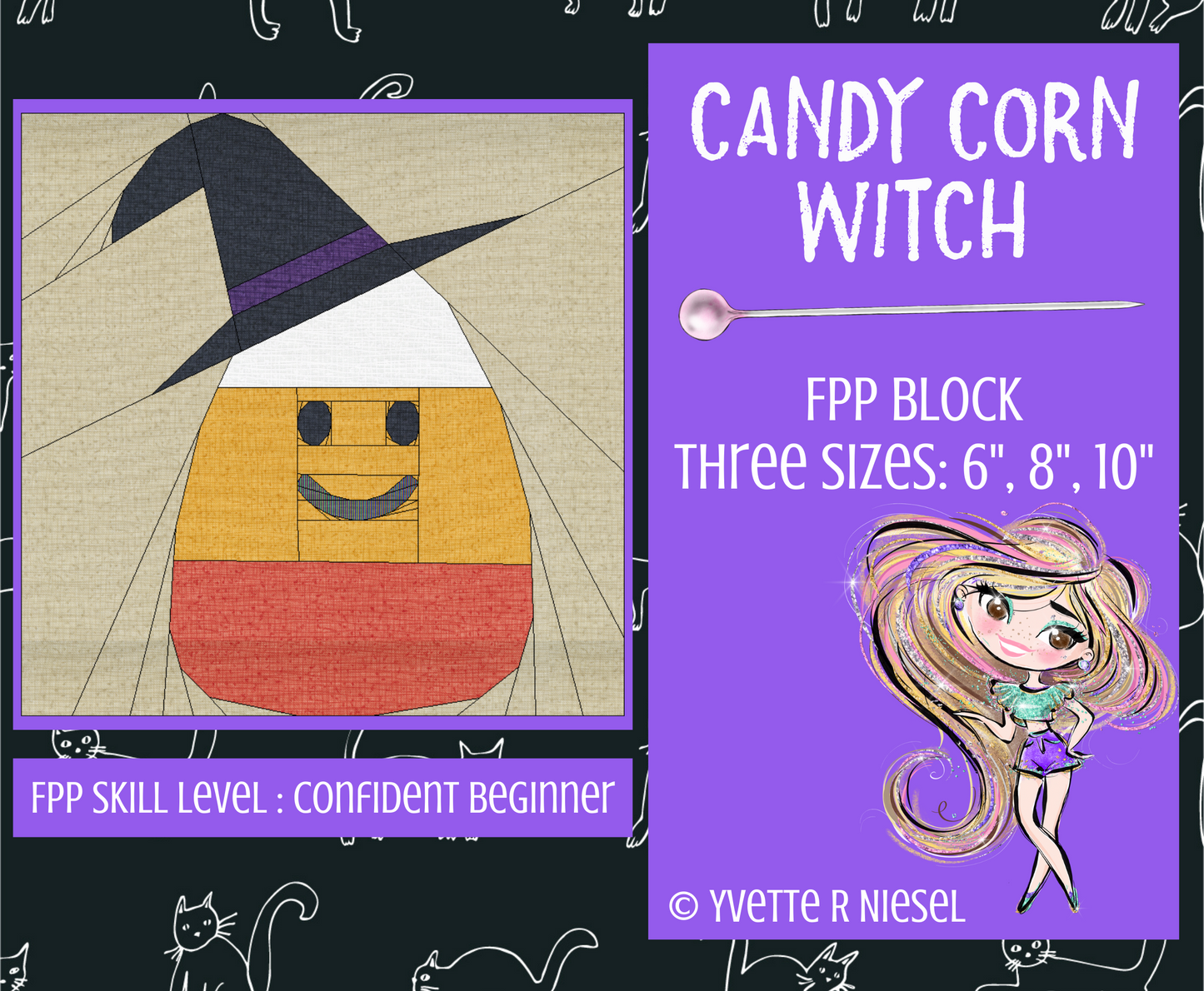 DIGITAL PATTERN | Candy Corn Witch Block Pattern, Foundation Paper Piecing, Three Sizes: 6