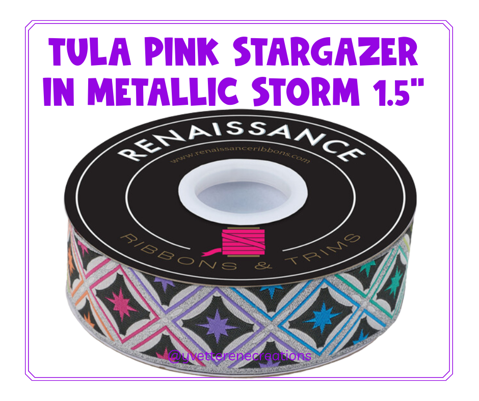 
                      
                        Tula Pink Ribbon | Stargazer in Metallic Storm 1.5", sold by the yard
                      
                    