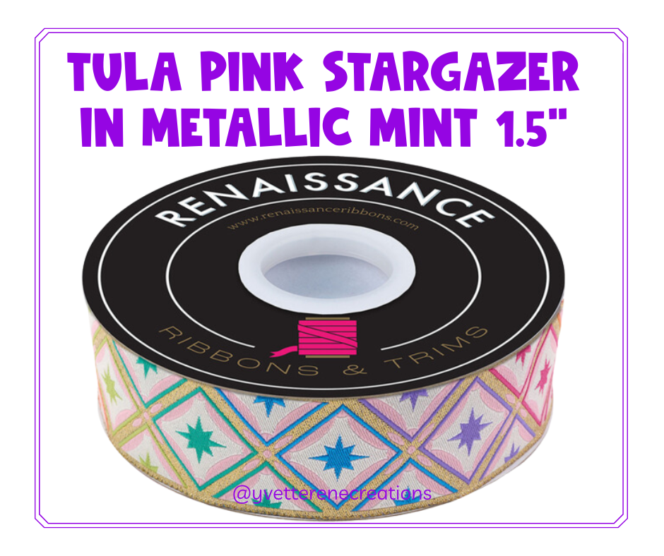 Tula Pink Ribbon | Stargazer in Metallic Mint 1.5", sold by the yard