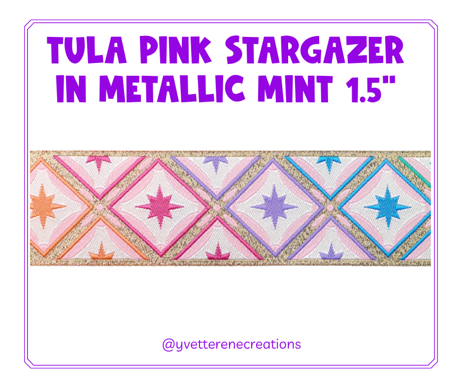 
                      
                        Tula Pink Ribbon | Stargazer in Metallic Mint 1.5", sold by the yard
                      
                    