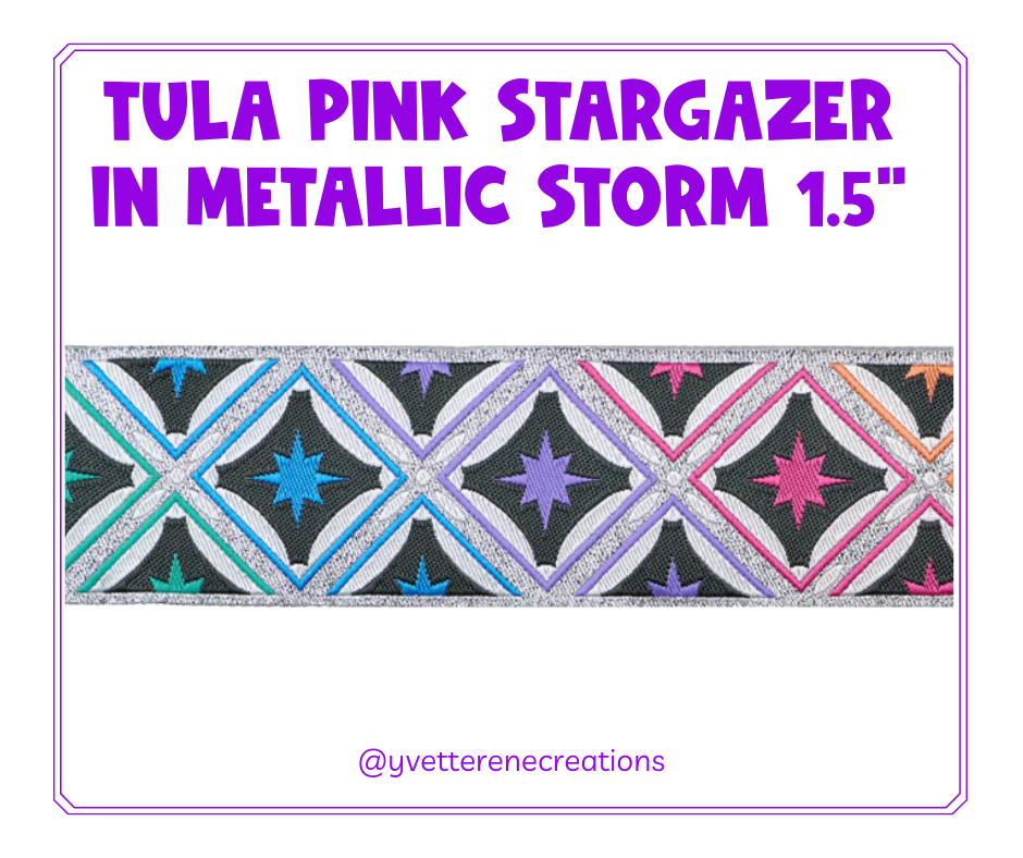 
                      
                        Tula Pink Ribbon | Stargazer in Metallic Storm 1.5", sold by the yard
                      
                    