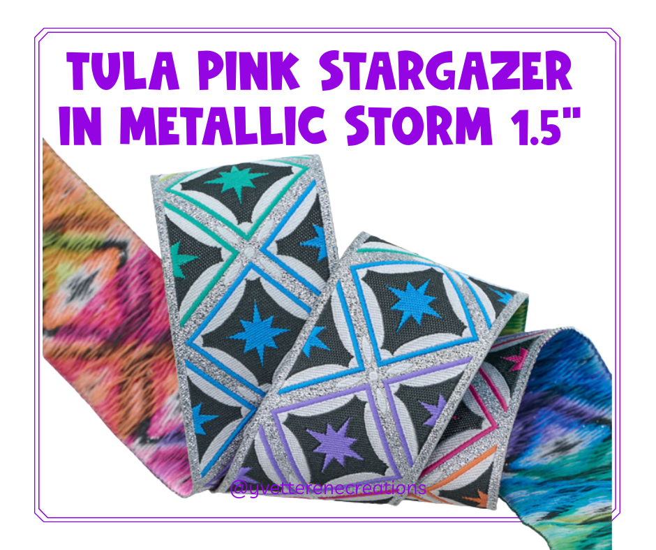 
                      
                        Tula Pink Ribbon | Stargazer in Metallic Storm 1.5", sold by the yard
                      
                    