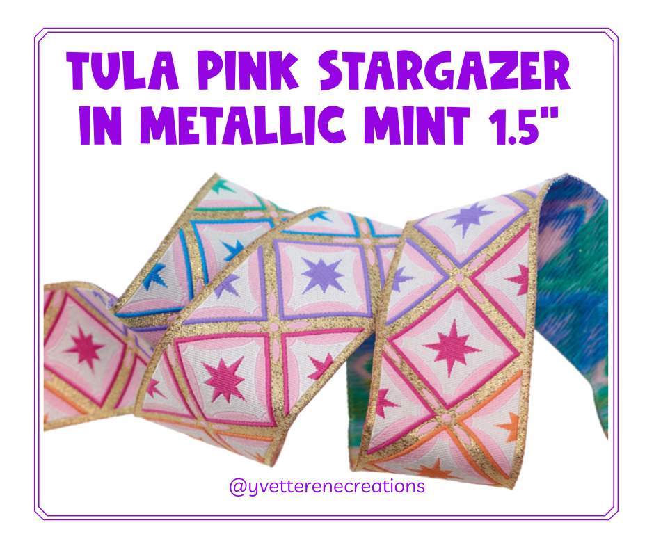 
                      
                        Tula Pink Ribbon | Stargazer in Metallic Mint 1.5", sold by the yard
                      
                    