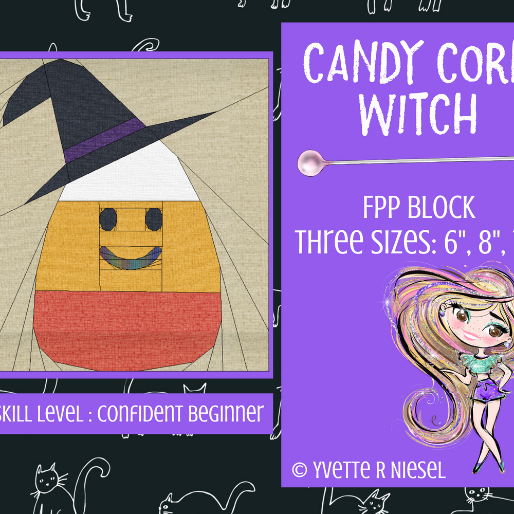 DIGITAL PATTERN | Candy Corn Witch Block Pattern, Foundation Paper Piecing, Three Sizes: 6", 8" and 10"