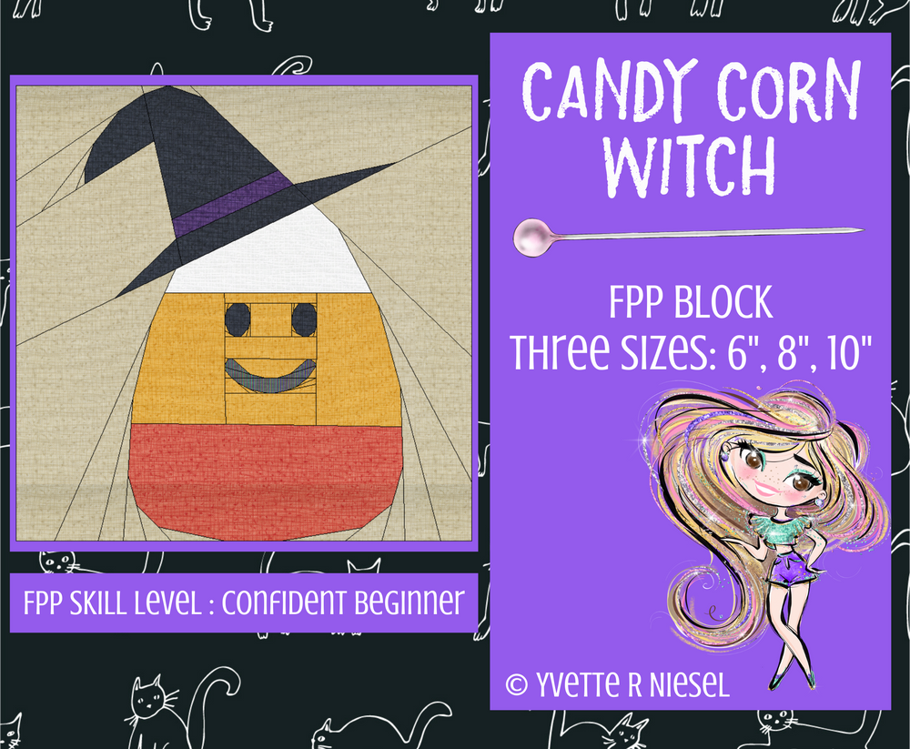 DIGITAL PATTERN | Candy Corn Witch Block Pattern, Foundation Paper Piecing, Three Sizes: 6", 8" and 10"