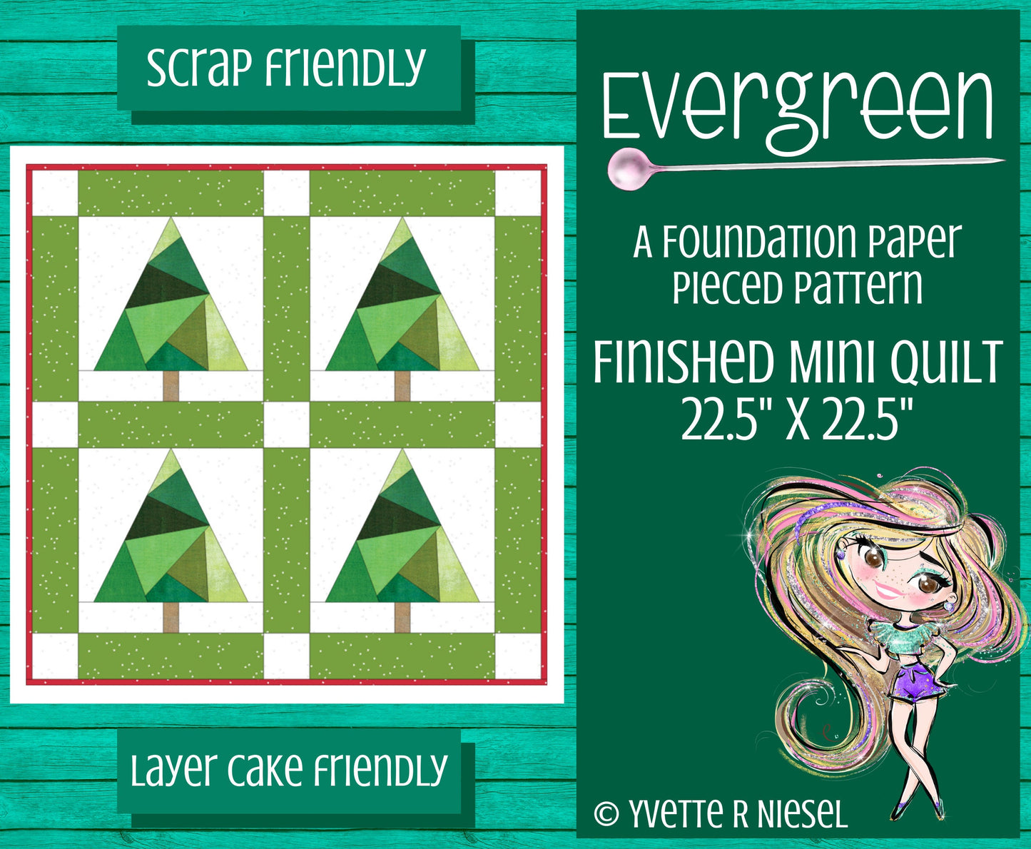 DIGITAL PATTERN  |  EVERGREEN MINI QUILT PATTERN, 22.5" x 22.5" Table Topper or Mini Quilt, Foundation Paper Piecing